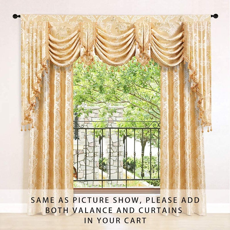 ELKCA Golden Jacquard Swag Waterfall Valance Luxury Curtain Valance for Living Room,Rod Pocket (Damask-Golden, W79 Inch, 1 Panel) - Image 2